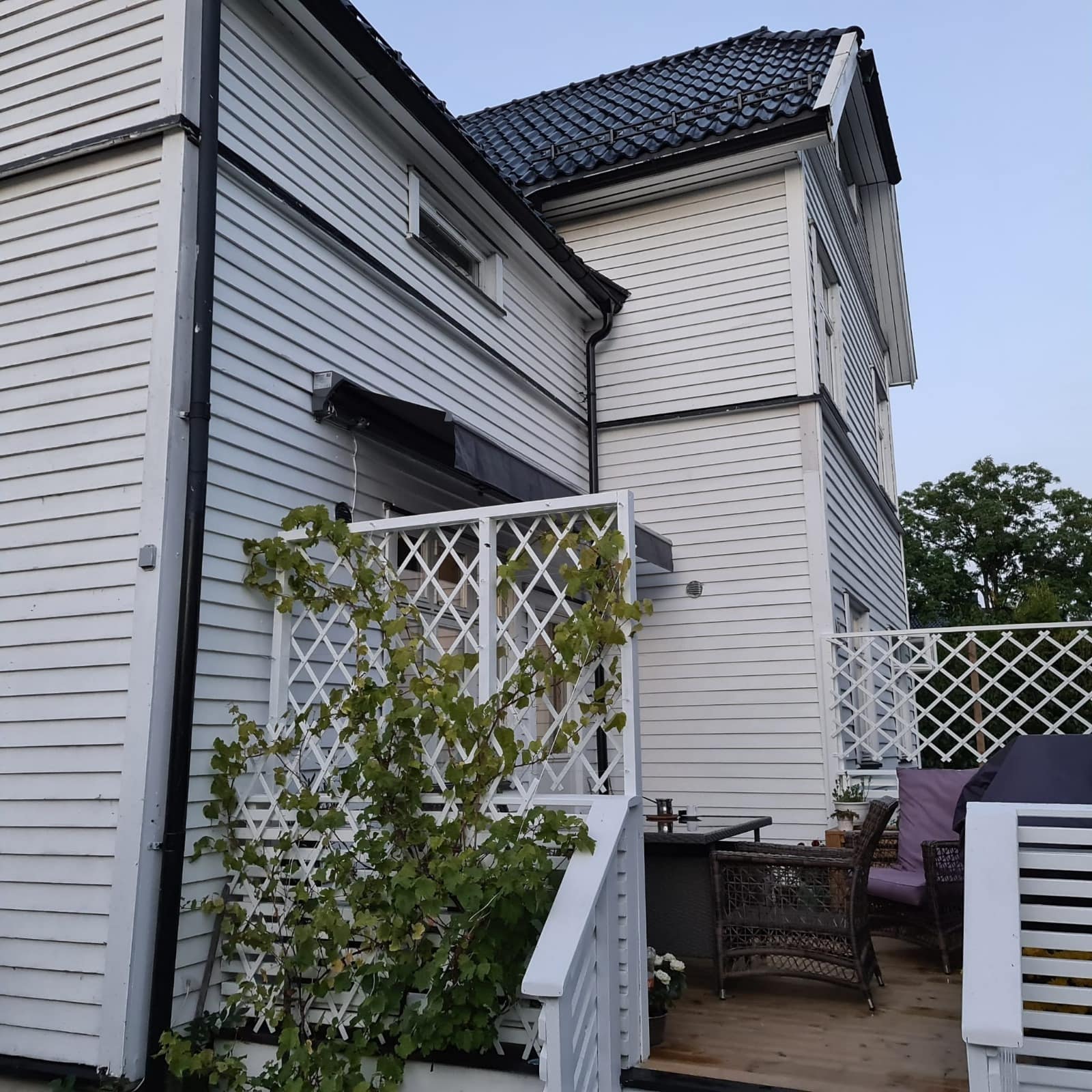 Hvitt hus med espalier og terrasse